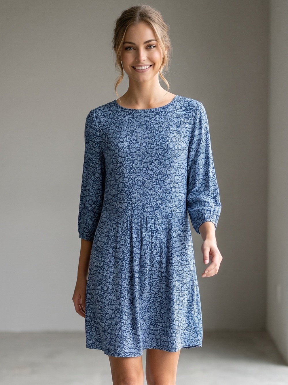 🌻Boden Blue Floral Tunic Dress 3/4 Sleeve Knee Length Cottagecore Dress Size 12